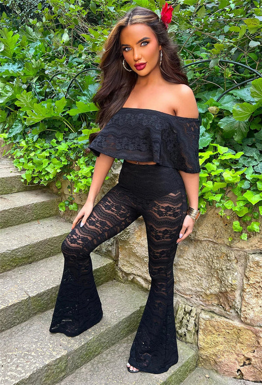 Black Lace Sheer Off Shoulder Ruffles Crop Top and Flare Pants Outfits