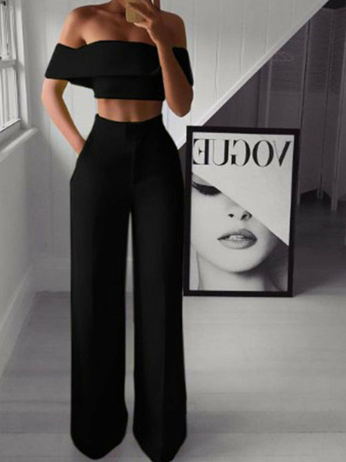 Off Shoulder Crop Tops And Pocket High Waist Trousers