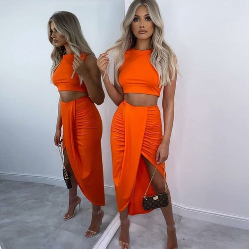 Summer Two Piece Set Women Sleeveless Crop Top Draped Split Long