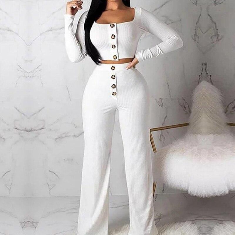 Women Crop Tops and Pants Suit Long Sleeve Casual Short Top Sets