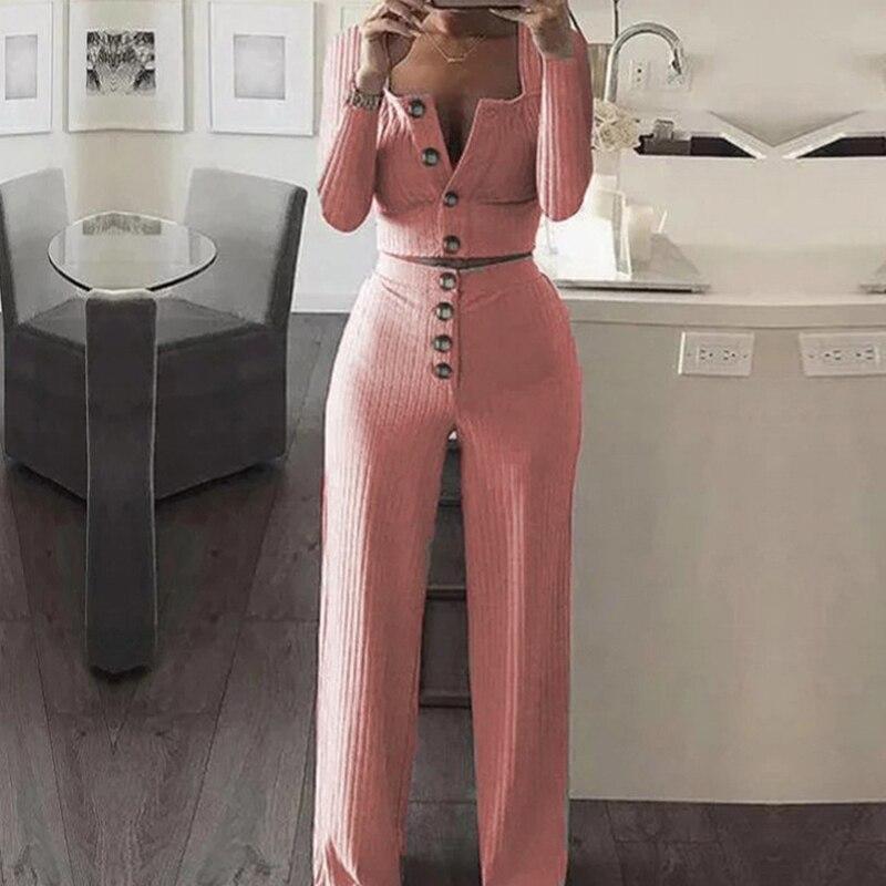 Women Crop Tops and Pants Suit Long Sleeve Casual Short Top Sets