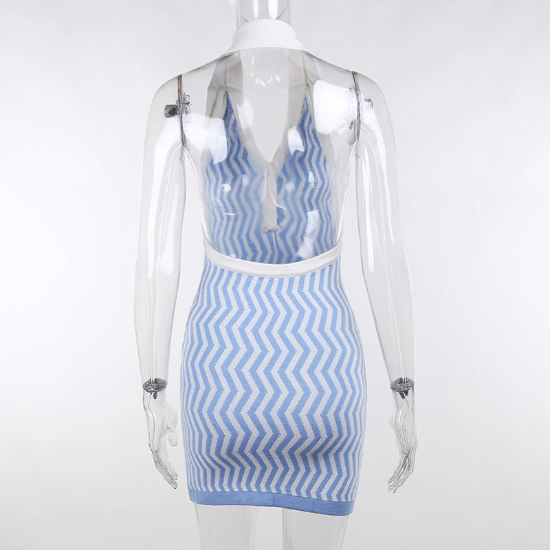 Knit Stripe Printed Lapel Sleeveless Bodycon Dress