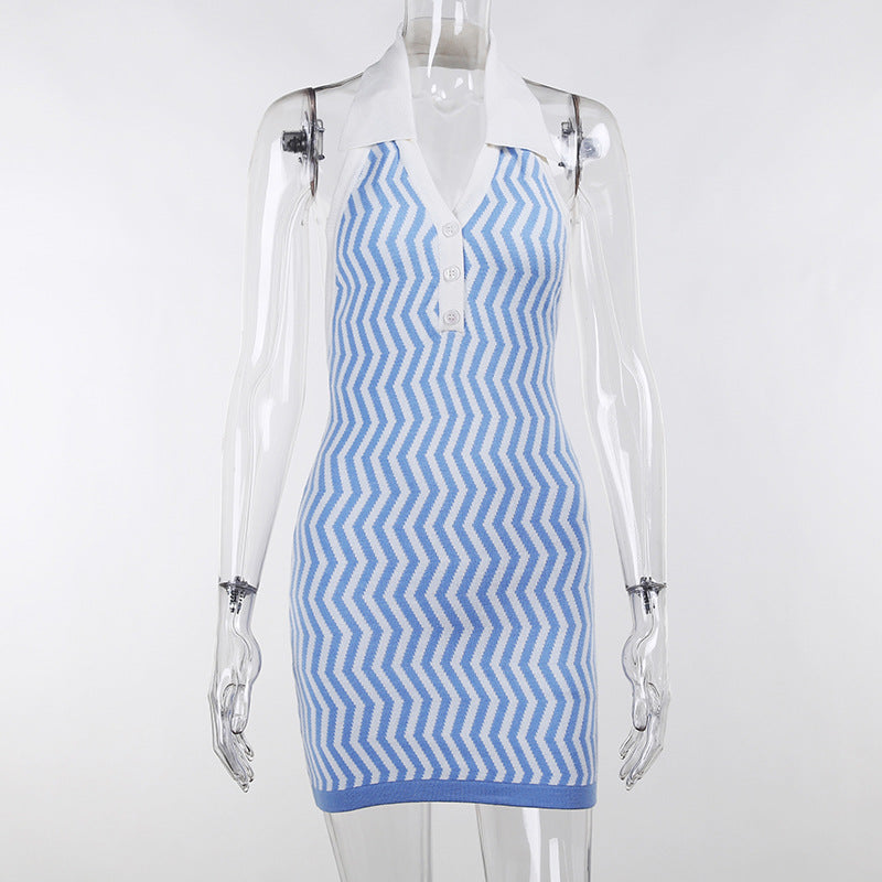 Knit Stripe Printed Lapel Sleeveless Bodycon Dress