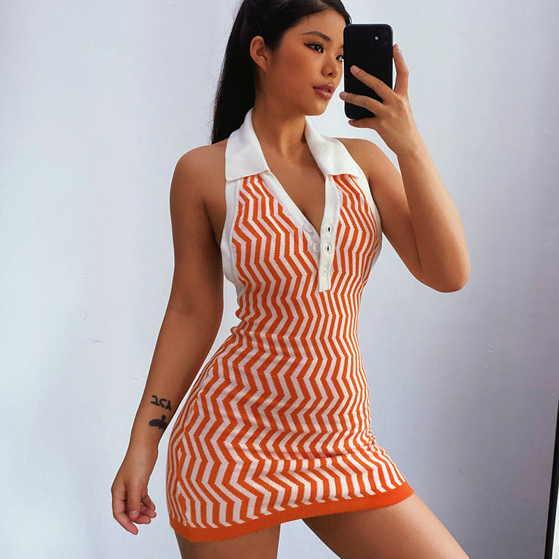 Knit Stripe Printed Lapel Sleeveless Bodycon Dress