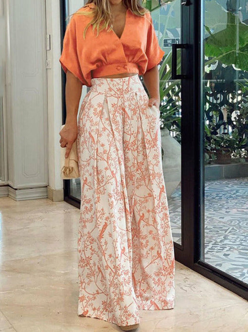 V Neck Crop Top Blouse and Wide Leg Pants Suit