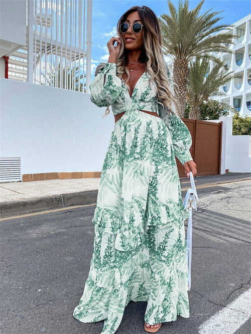 V-Neck Backless Hollow Out Lantern Sleeve Maxi Dress