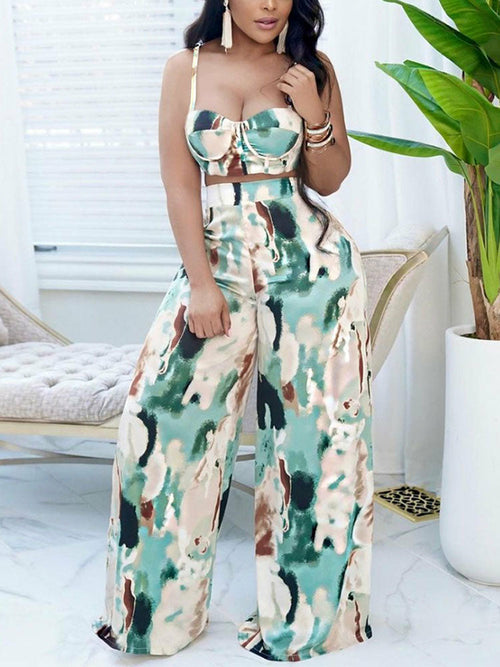 Two Piece Tie Dye Printed Suits Spaghetti Strap Crop Top Leg Loose