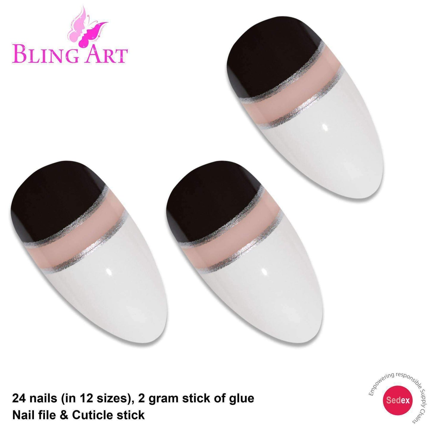 False Nails by Bling Art Black White Glossy Almond Stiletto Acrylic